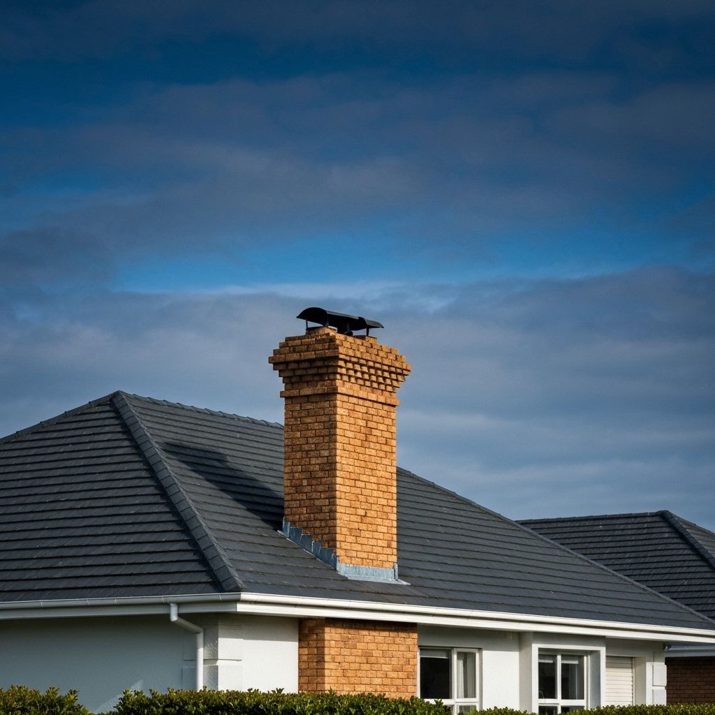 Brick chimney on residential home with blue sky