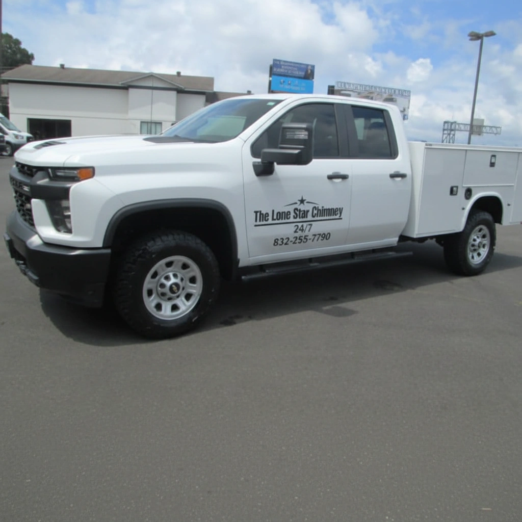 The Lone Star Chimney service truck - white Chevrolet with company branding and phone number 832-255-7790