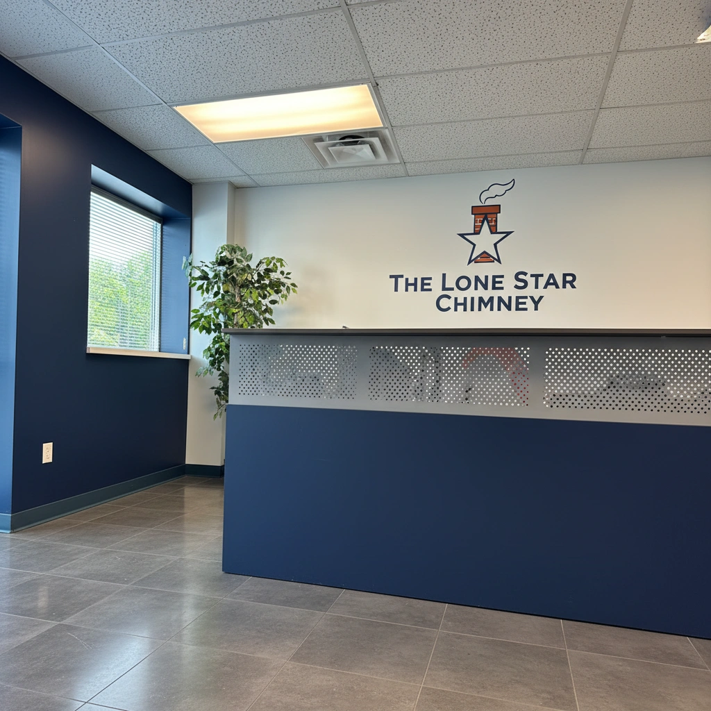 The Lone Star Chimney office reception area on 6th floor with company logo and professional blue and white interior