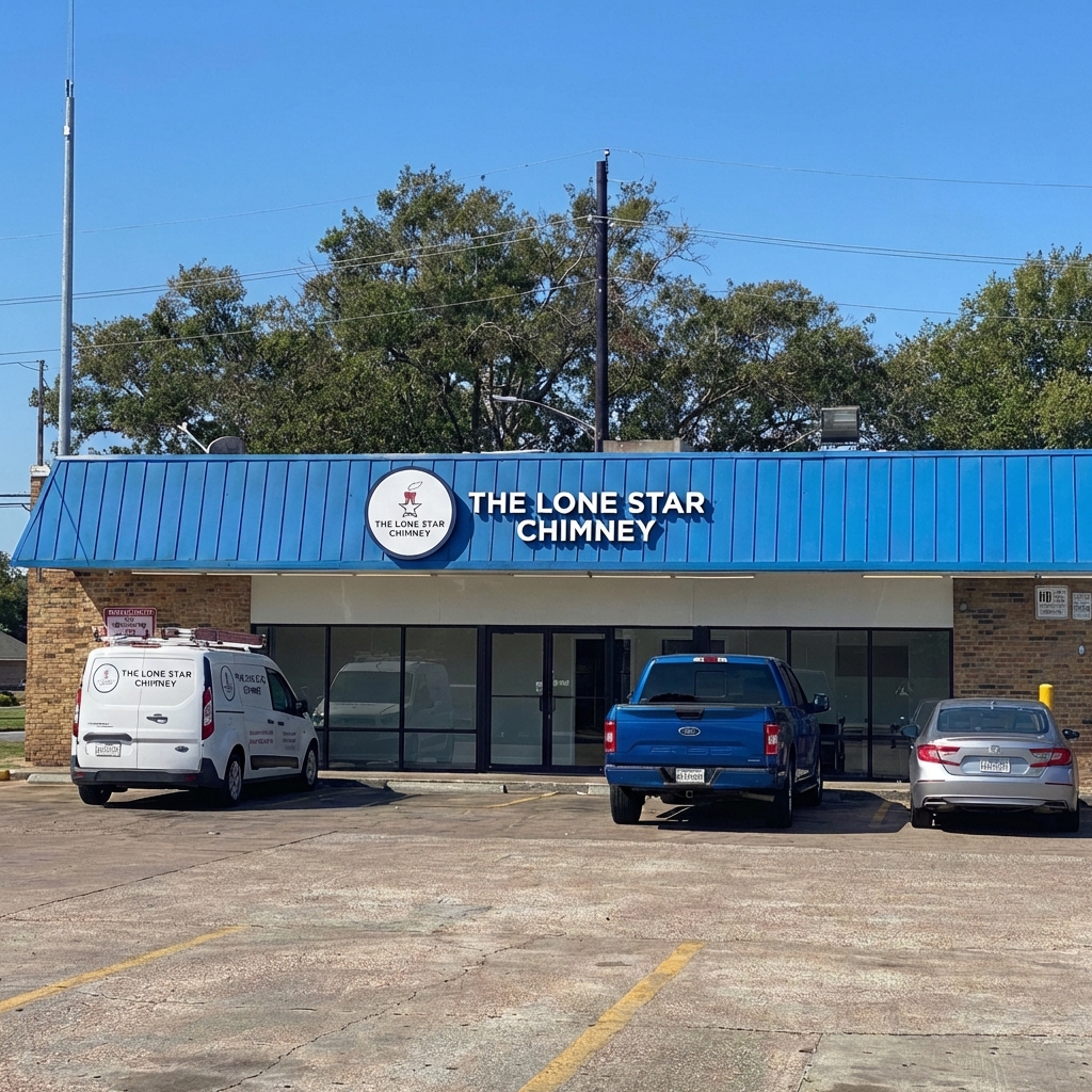 The Lone Star Chimney storefront office building in Houston with company logo signage, service van parked in front